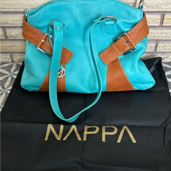 Aqua/Camel Leather Bag - NEW - Nappa Leather Handbag - Leather Purse - Picture 4 of 15